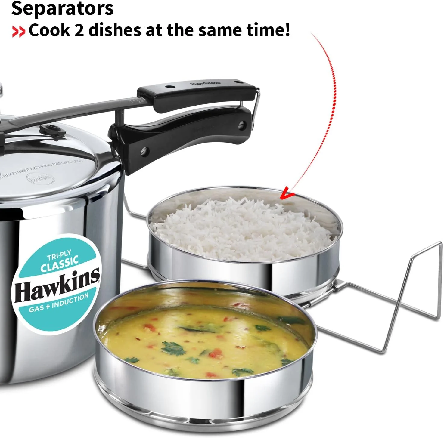 Hawkins Classic 5 Litre Tri-Ply Pressure Cooker with Separator, Triply Stainless Steel Inner Lid Cooker, Silver (SSTCL51)