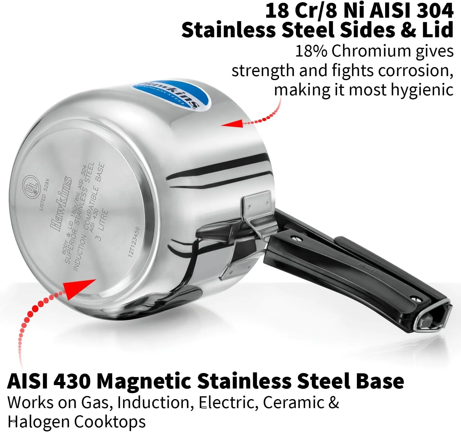 زودپز 3 لیتری هاوکینز، زودپز استیل با درب داخلی، زودپز با طراحی بلند، زودپز القایی، نقره ای (HSS3T)