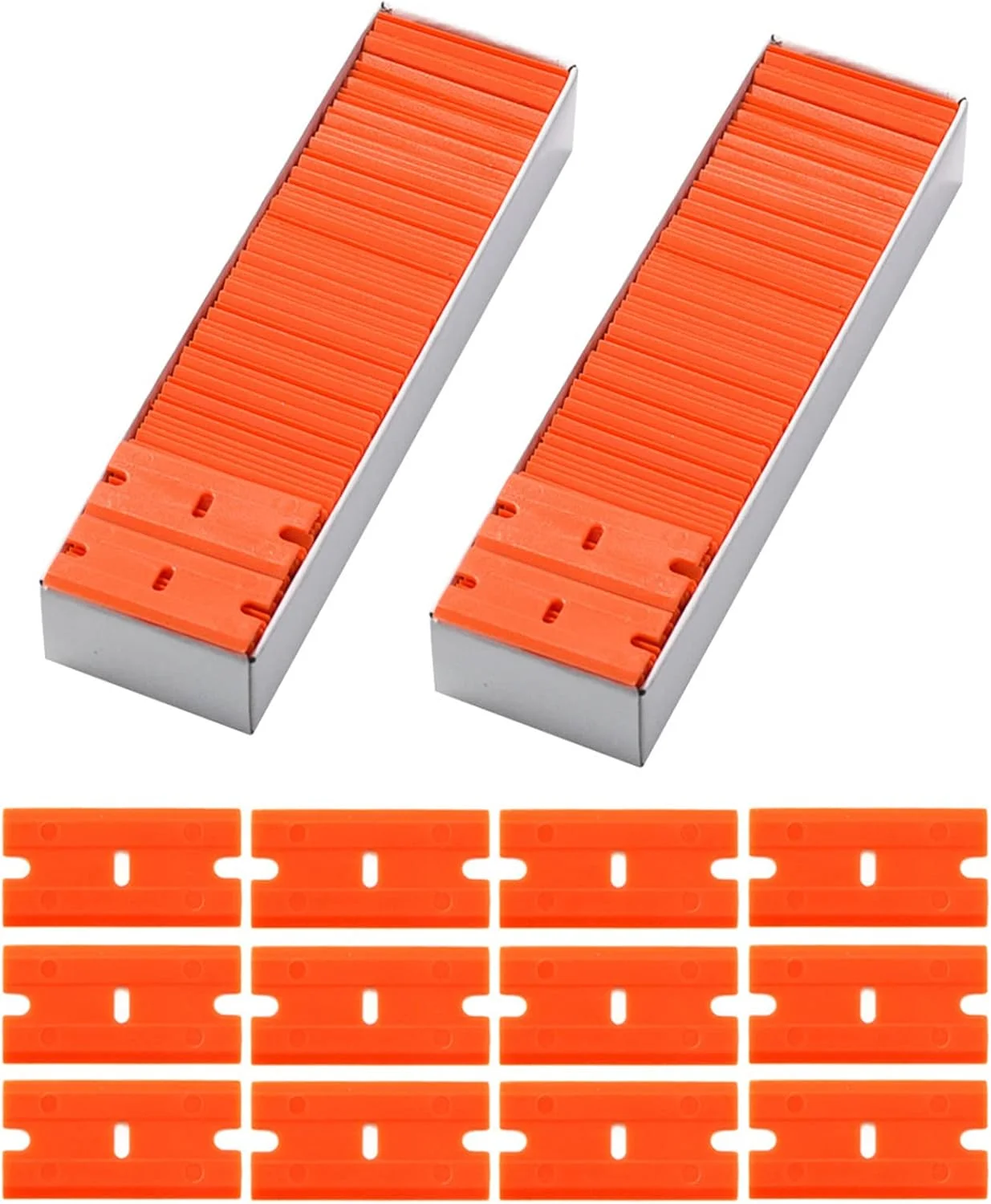 تیغ های پلاستیکی فوشیو 200 عددی، دو لبه، مناسب برای شیشه های ایمنی و پلاستیک، مناسب برای حذف برچسب ها، استیکرها، لیبل های چسبی و تمیز کردن شیشه