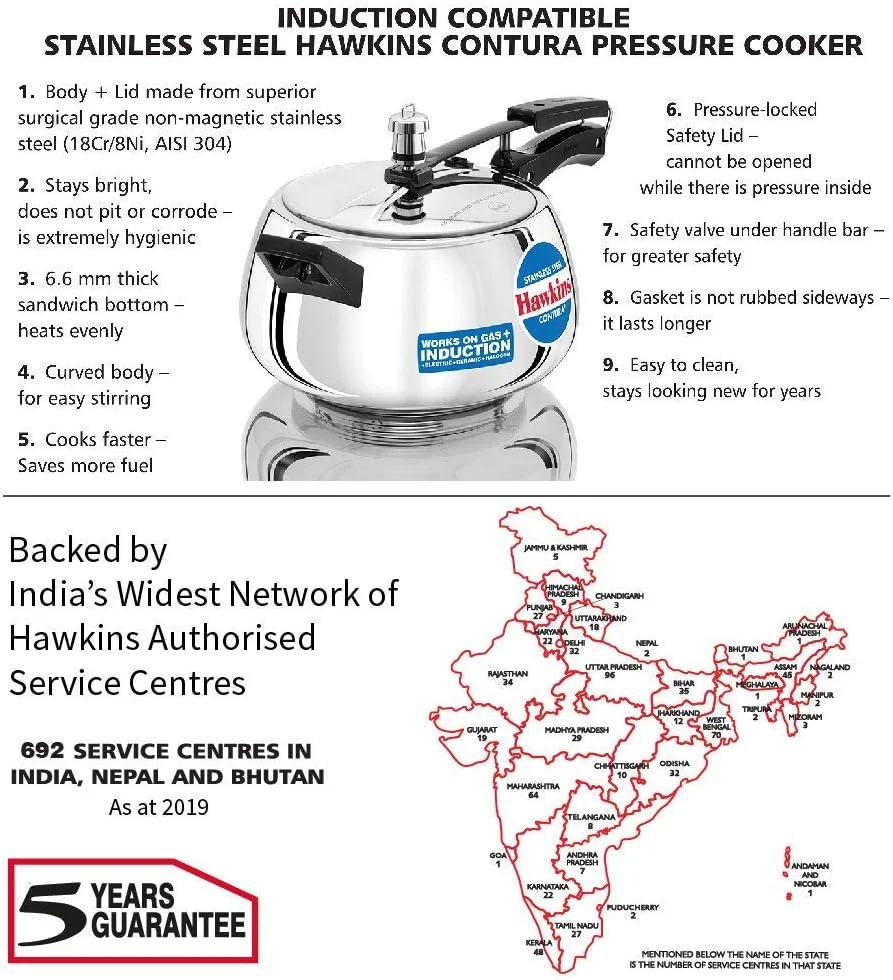 زودپز استیل هاوکینز مدل Contura با درب داخلی، مناسب برای اجاق القایی، 5 لیتر، نقره ای (Ssc50)، 5 لیتر