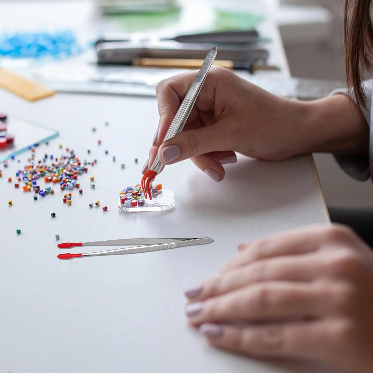 Sliverdew 2-Piece Craft Tweezers with Rubber Tips, Stainless Steel, Red, Practical, Angled & Curved Tips for Jewellery, DIY Crafts, Stamp Coins Sliverdew 2-Piece Craft Tweezers with Rubber Tips, Stainless Steel, Red, Practical, Angled & Curved Tips for Jewellery, DIY Crafts, Stamp Coins