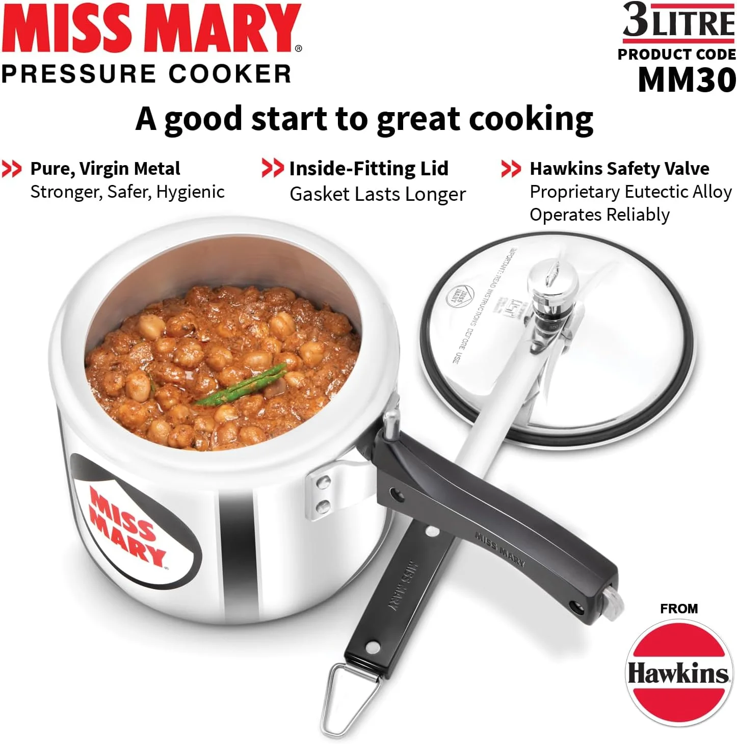 زودپز آلومینیومی هاوکینز مدل Miss Mary با ظرفیت 3 لیتر، درب داخلی، نقره ای (Mm30)، 3 لیتر