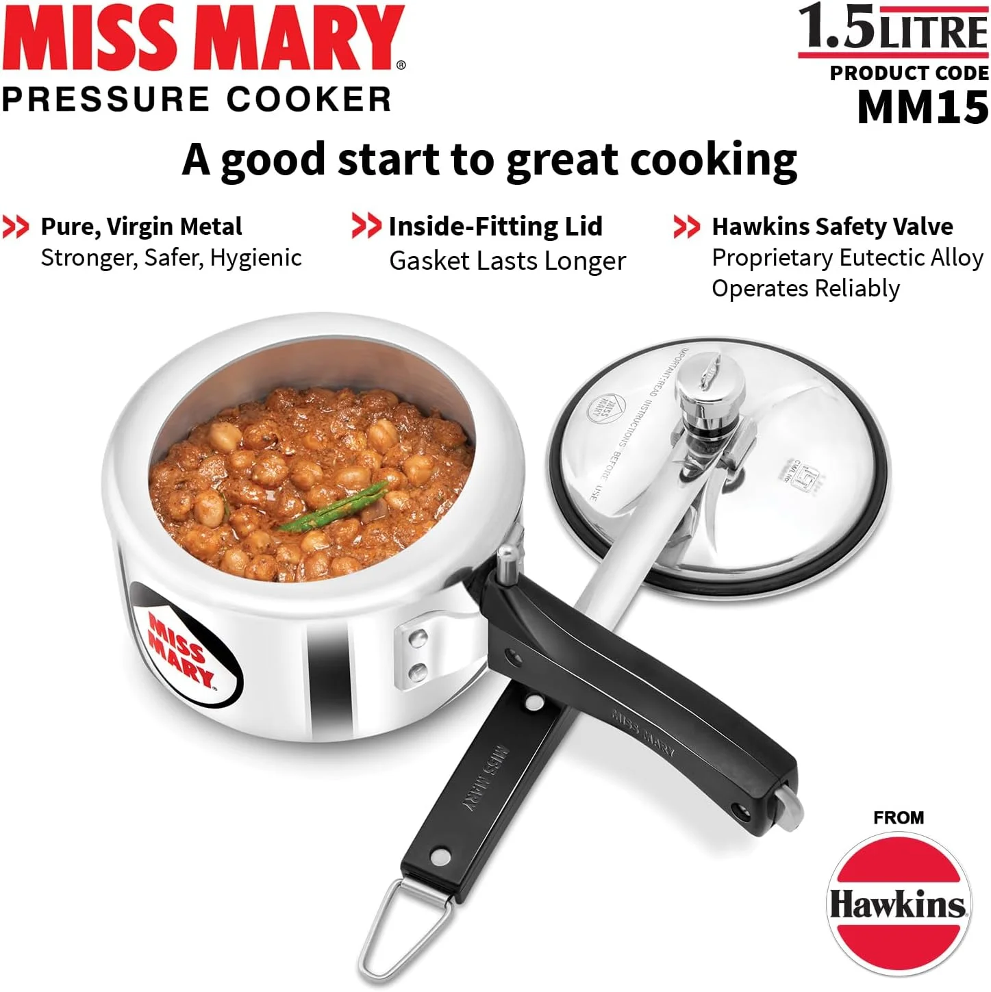 زودپز آلومینیومی هاوکینز مدل Miss Mary با ظرفیت ۱.۵ لیتر، زودپز درب داخلی کوچک، نقره ای (MM15)