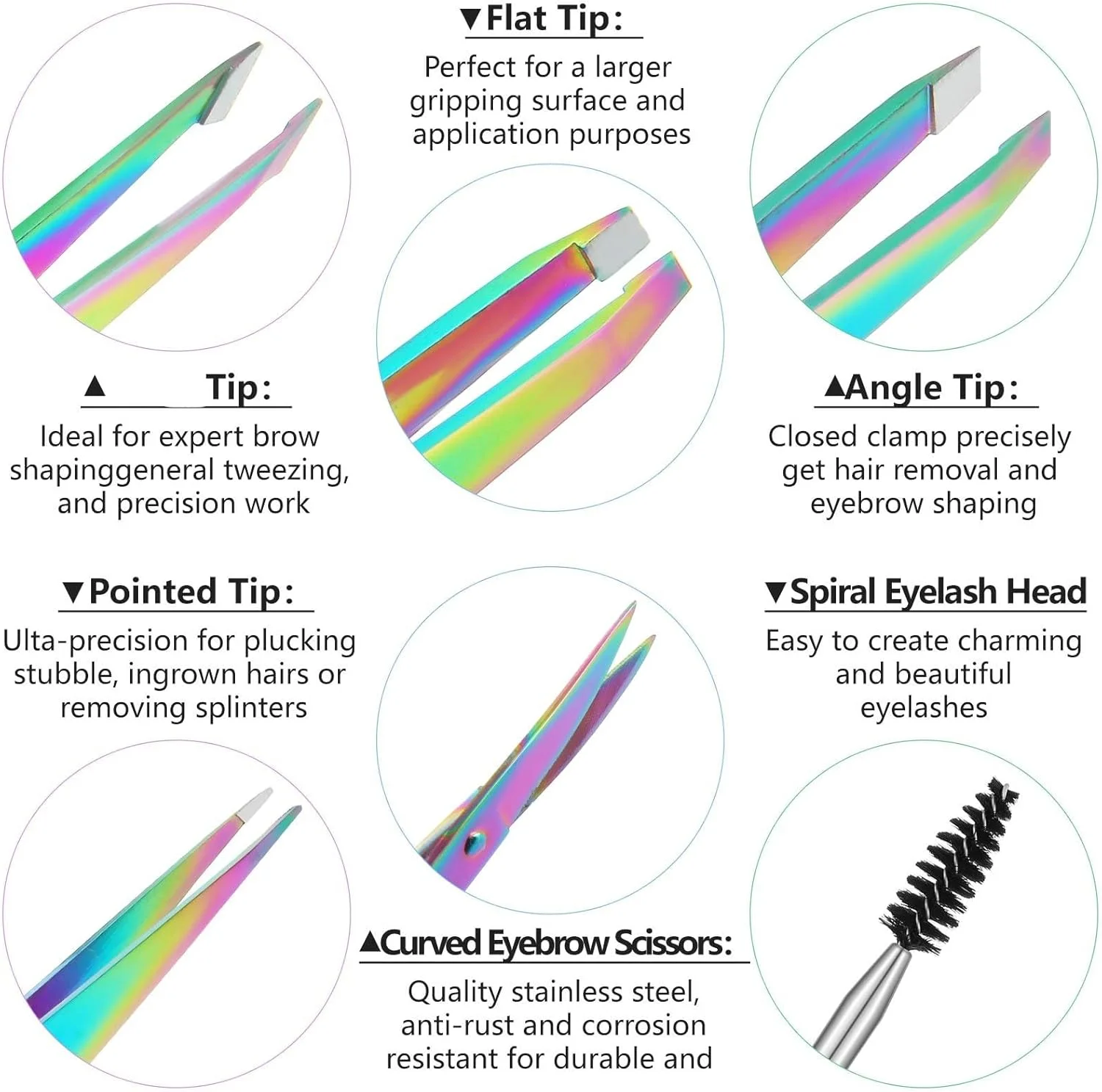 ست 6 عددی موچین ابرو زنانه به همراه قیچی منحنی، برس مژه، ابزار حذف موهای ابرو از جنس استیل ضد زنگ، ابزار زیبایی روزانه برای برداشتن موهای صورت دخترانه به همراه کیف چرمی (رنگ رنگین کمانی) ست 6 عددی موچین ابرو زنانه به همراه قیچی منحنی، برس مژه، ابزار حذف موهای ابرو از جنس استیل ضد زنگ، ابزار زیبایی روزانه برای برداشتن موهای صورت دخترانه به همراه کیف چرمی (رنگ رنگین کمانی)