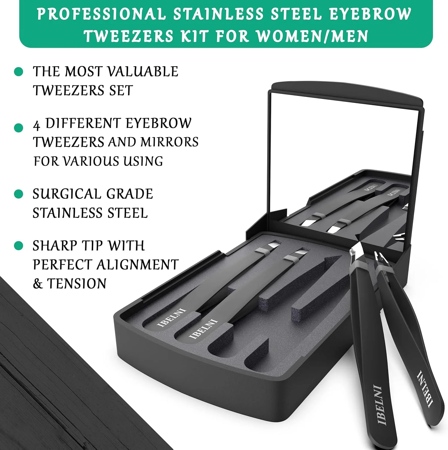 ست موچین IBELNI با جعبه آینه دار - موچین برای آقایان، موچین برای موهای صورت خانم ها، ست موچین برای موهای ظریف، کندن موهای زیرپوستی، کیت موچین مسافرتی با آینه (مشکی) ست موچین IBELNI با جعبه آینه دار - موچین برای آقایان، موچین برای موهای صورت خانم ها، ست موچین برای موهای ظریف، کندن موهای زیرپوستی، کیت موچین مسافرتی با آینه (مشکی)