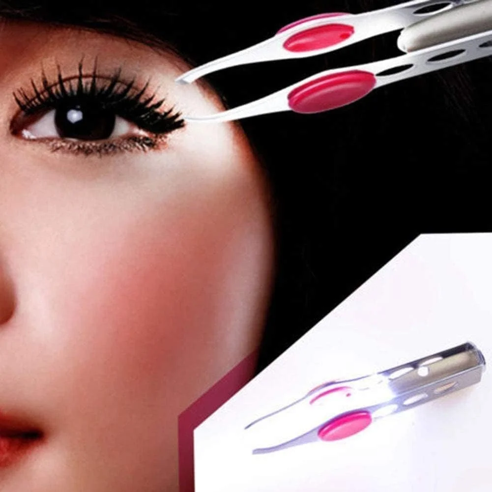 موچین نقره ای با چراغ LED برای اصلاح مو، ابزار آرایش، موچین ابرو و مژه، اصلاح کننده مژه، اصلاح کننده گرد، ابزار ابرو، موچین مو، موچین برای موهای زیر پوستی، موچین اصلاح مو