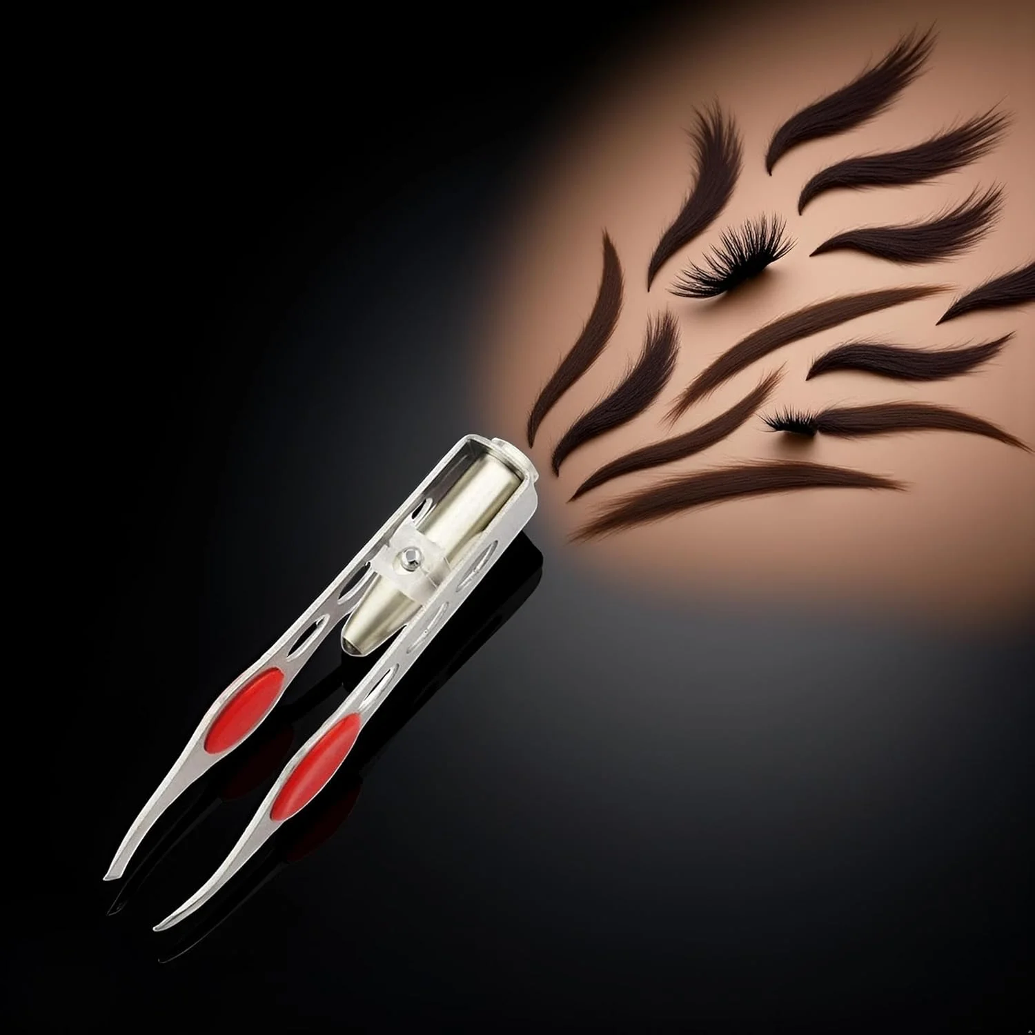 موچین نقره ای با چراغ LED برای اصلاح مو، ابزار آرایش، موچین ابرو و مژه، اصلاح کننده مژه، اصلاح کننده گرد، ابزار ابرو، موچین مو، موچین برای موهای زیر پوستی، موچین اصلاح مو