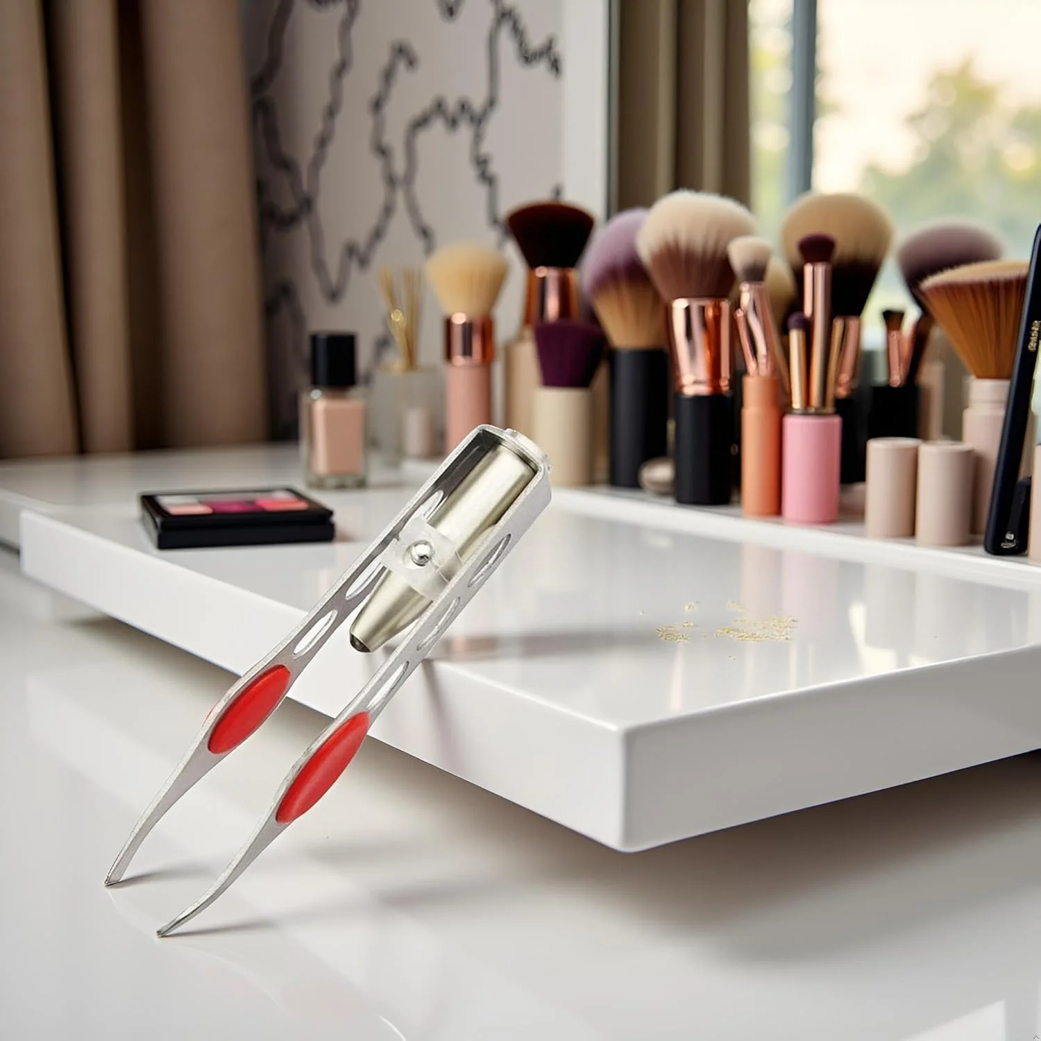 موچین نقره ای با چراغ LED برای اصلاح مو، ابزار آرایش، موچین ابرو و مژه، اصلاح کننده مژه، اصلاح کننده گرد، ابزار ابرو، موچین مو، موچین برای موهای زیر پوستی، موچین اصلاح مو