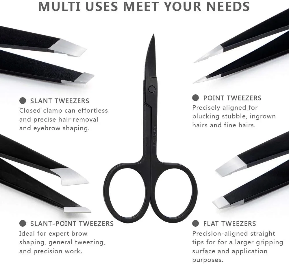 ست موچین 5 تکه Sabado - موچین های حرفه ای استیل ضد زنگ به همراه قیچی خمیده، بهترین موچین دقیق برای ابرو، برداشتن موهای زیر پوستی و خرده ها به همراه کیف چرمی (مشکی) ست موچین 5 تکه Sabado - موچین های حرفه ای استیل ضد زنگ به همراه قیچی خمیده، بهترین موچین دقیق برای ابرو، برداشتن موهای زیر پوستی و خرده ها به همراه کیف چرمی (مشکی)