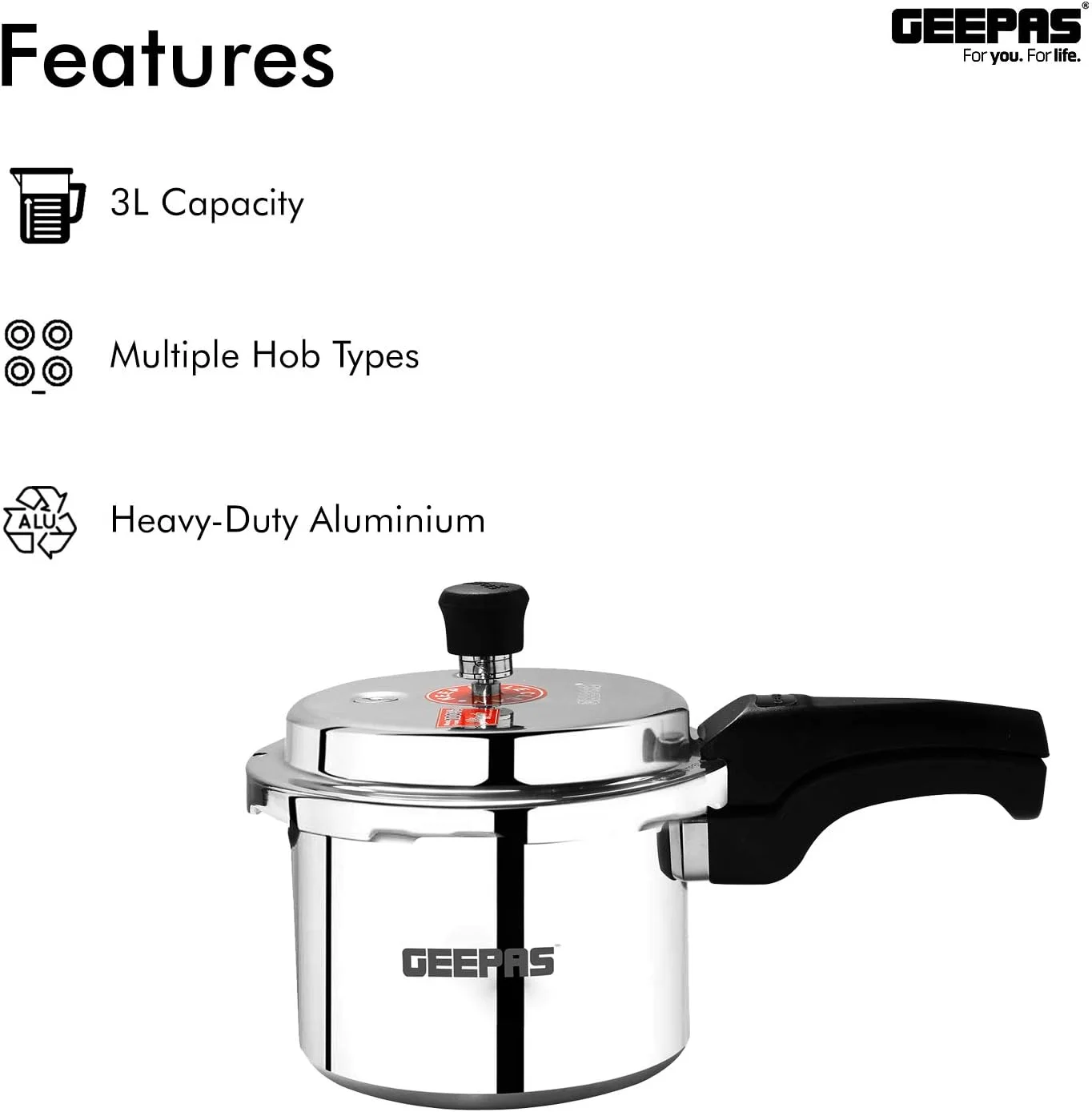 زودپز آلومینیومی با پایه القایی Geepas، مدل GPC325 | زودپز سبک و بادوام 3 لیتری با درب | دسته خنک و دریچه های ایمنی | صرفه جویی در انرژی و ساختار سنگین زودپز آلومینیومی با پایه القایی Geepas، مدل GPC325 | زودپز سبک و بادوام 3 لیتری با درب | دسته خنک و دریچه های ایمنی | صرفه جویی در انرژی و ساختار سنگین