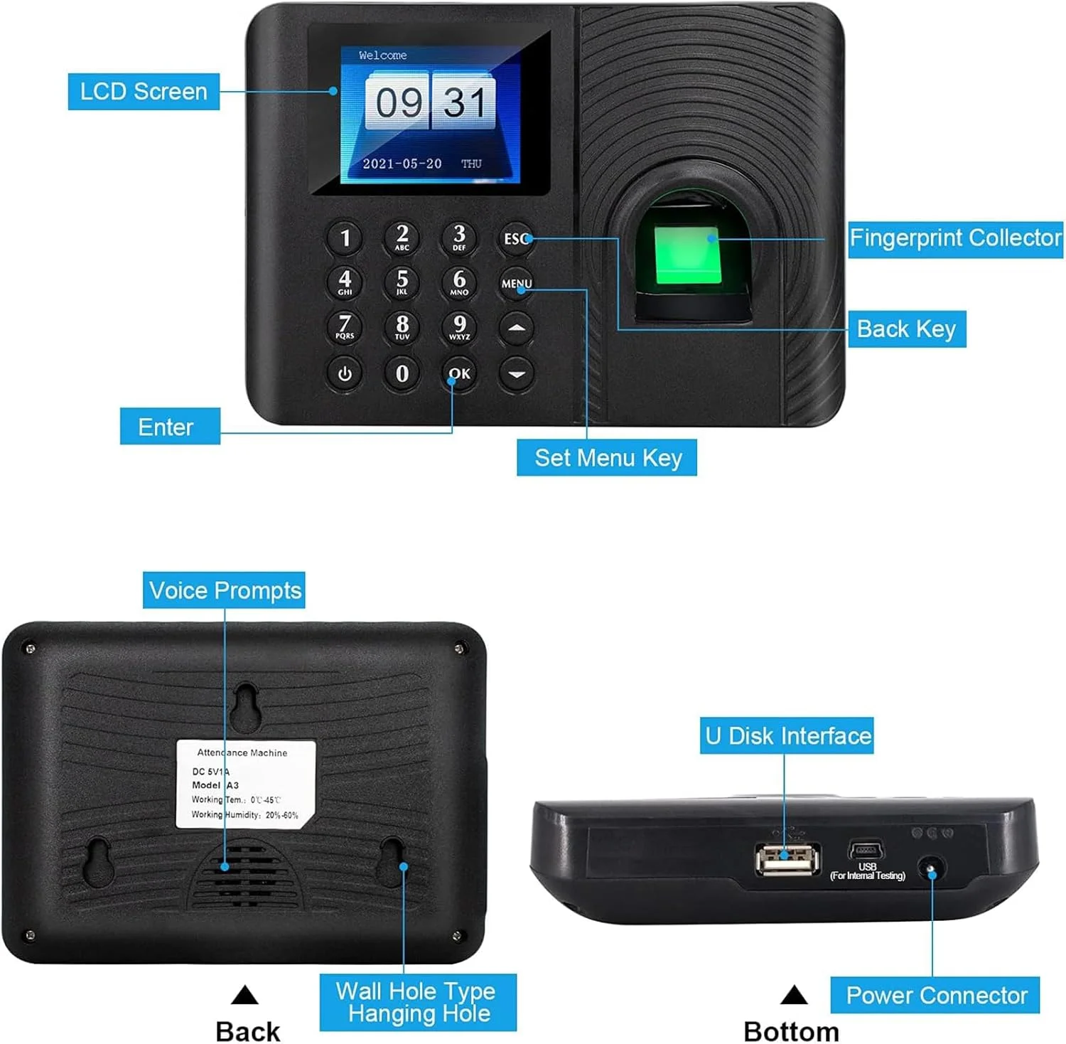 دستگاه حضور و غیاب اثر انگشت BDJSN، تجهیزات شناسایی ثبت حضور و غیاب، کنترلر حضور و غیاب صفحه نمایش LCD رنگی 2.4 اینچی، مناسب برای کارمندان، هتل های تجاری، مدارس