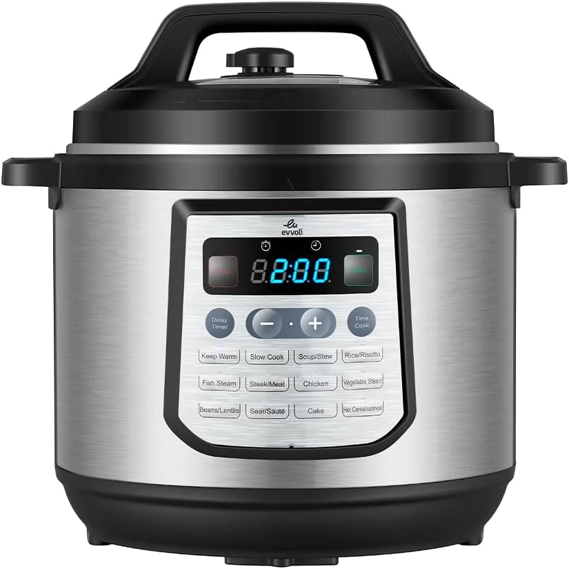 زودپز چندکاره 12 در 1 evvoli با نمایشگر LED دیجیتال، ظرفیت 8 لیتر، توان 1200 وات مدل EVKA-PC8012S مشکی/نقره‌ای