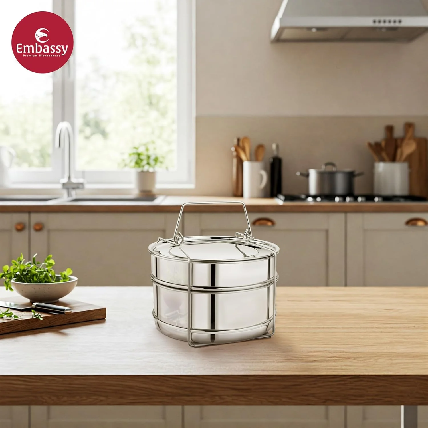 جداکننده پخت و پز استیل Embassy مدل P4 مناسب برای زودپزهای درب بیرونی پرستیژ محبوب و محبوب پلاس 4 لیتری (2 ظرف با گیره، استیل ضد زنگ)