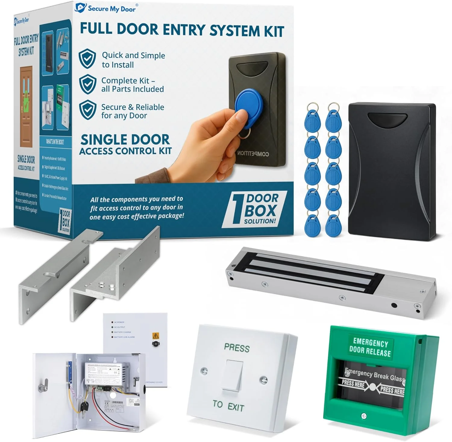 SecureMyDoor - کیت کامل ورودی درب | سیستم امنیتی داخلی با قفل مغناطیسی الکتریکی Maglock، کارتخوان مجاورتی و جاسوئیچی RFID | ایده آل برای کنترل دسترسی درب تجاری و مسکونی