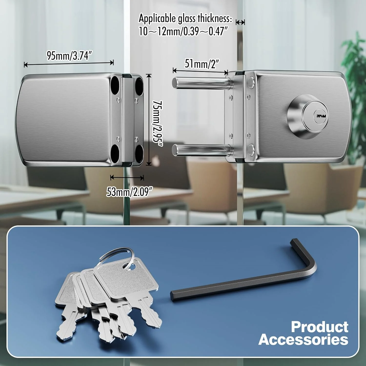 قفل درب شیشه ای ضد سرقت استیل 304 رانبو، مناسب برای درب های شیشه ای 10 تا 12 میلی متری، لولایی دو طرفه، بدون قاب، کشویی، همراه با 3 کلید (مربع)