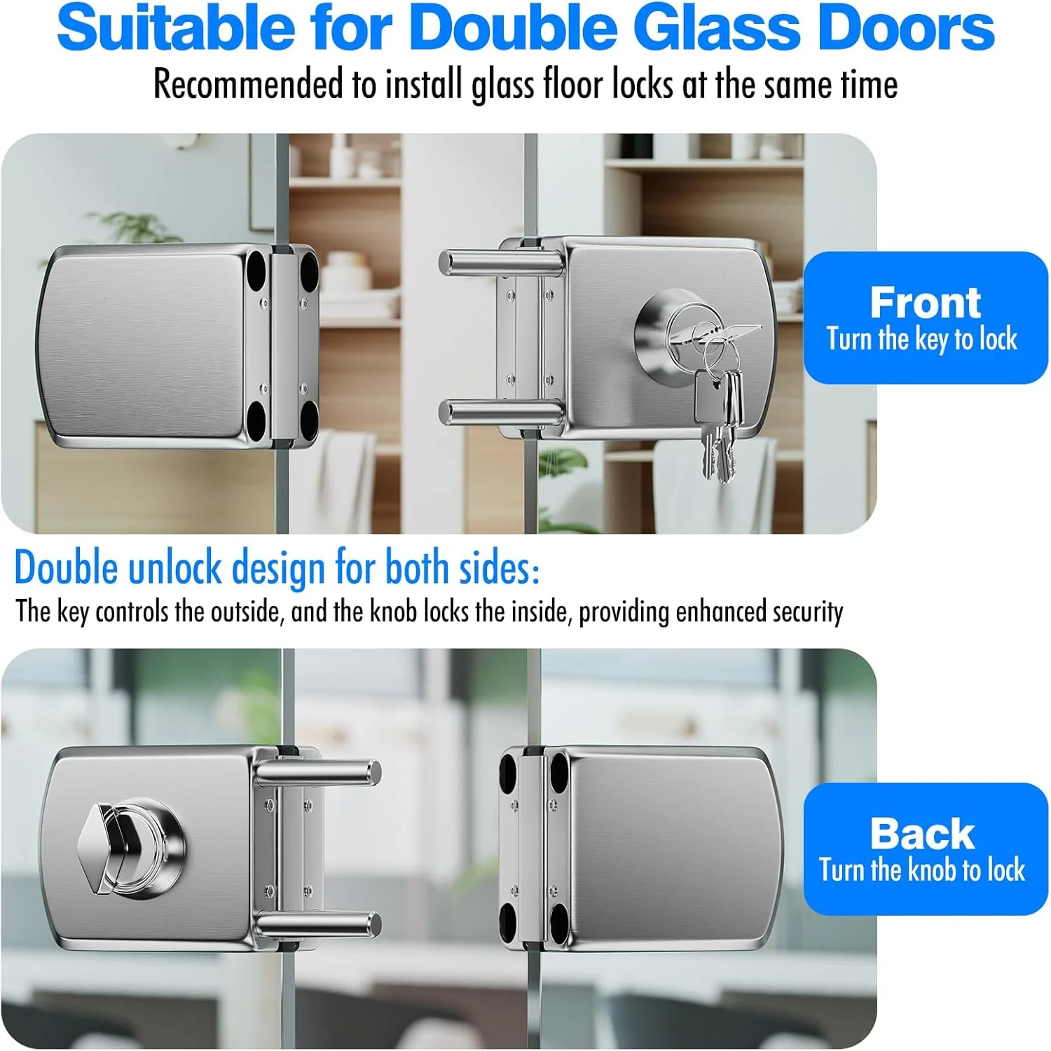 قفل درب شیشه ای ضد سرقت استیل 304 رانبو، مناسب برای درب های شیشه ای 10 تا 12 میلی متری، لولایی دو طرفه، بدون قاب، کشویی، همراه با 3 کلید (مربع)