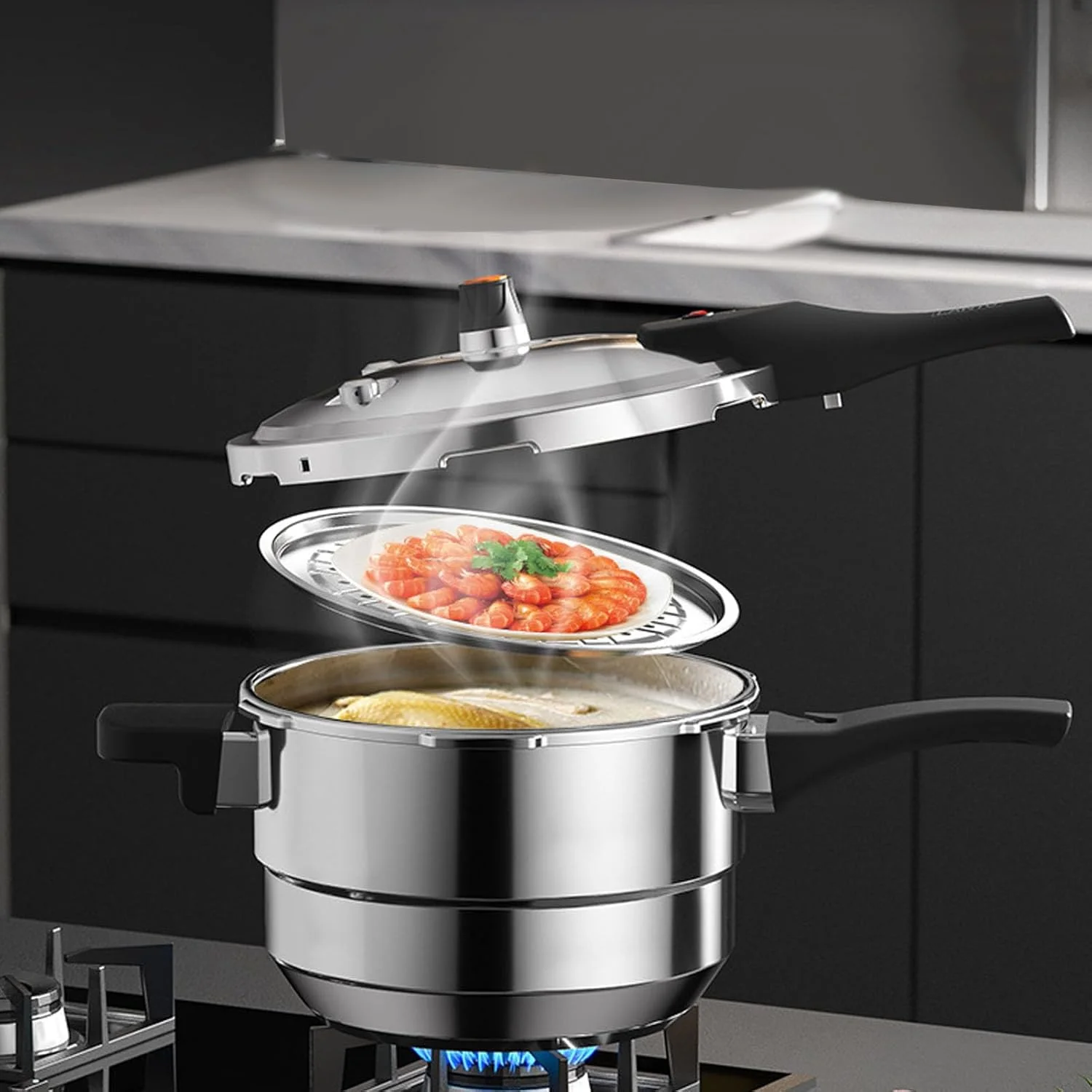 زودپز استیل ضد زنگ Tnfeeon، پخت سریع و کارآمد برای اجاق گاز/اجاق القایی با توری بخارپز، ایمن برای استفاده خانوادگی (6 لیتر) زودپز استیل ضد زنگ Tnfeeon، پخت سریع و کارآمد برای اجاق گاز/اجاق القایی با توری بخارپز، ایمن برای استفاده خانوادگی (6 لیتر)