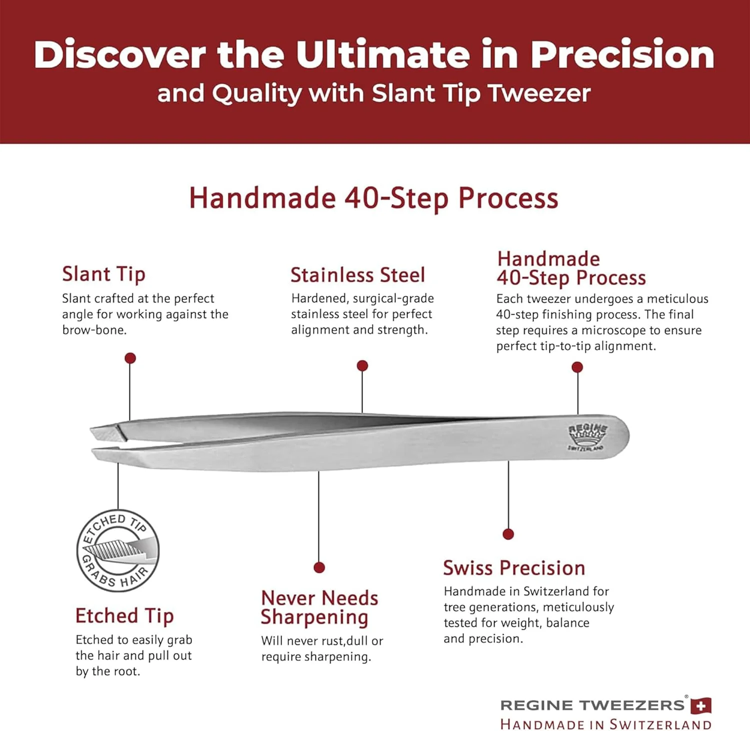 Regine Switzerland | موچین نوک مورب | 100% دست ساز | فولاد ضد زنگ درجه جراحی | موچین حرفه ای و دقیق برای برداشتن موهای ابرو و صورت | بهترین موچین دنیا