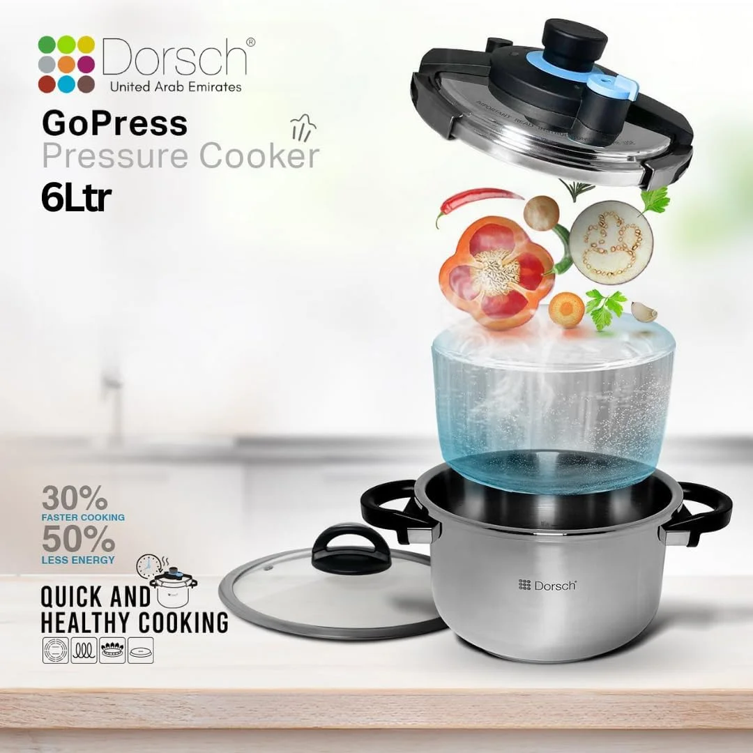 زودپز استیل 18/10 دورش مدل Danish Design GoPress - سازگار با اجاق های القایی، دسته خود قفل شونده، تخلیه خودکار فشار، سبد بخارپز چند منظوره، پخت با فشار کم و زیاد (6 لیتر) زودپز استیل 18/10 دورش مدل Danish Design GoPress - سازگار با اجاق های القایی، دسته خود قفل شونده، تخلیه خودکار فشار، سبد بخارپز چند منظوره، پخت با فشار کم و زیاد (6 لیتر)