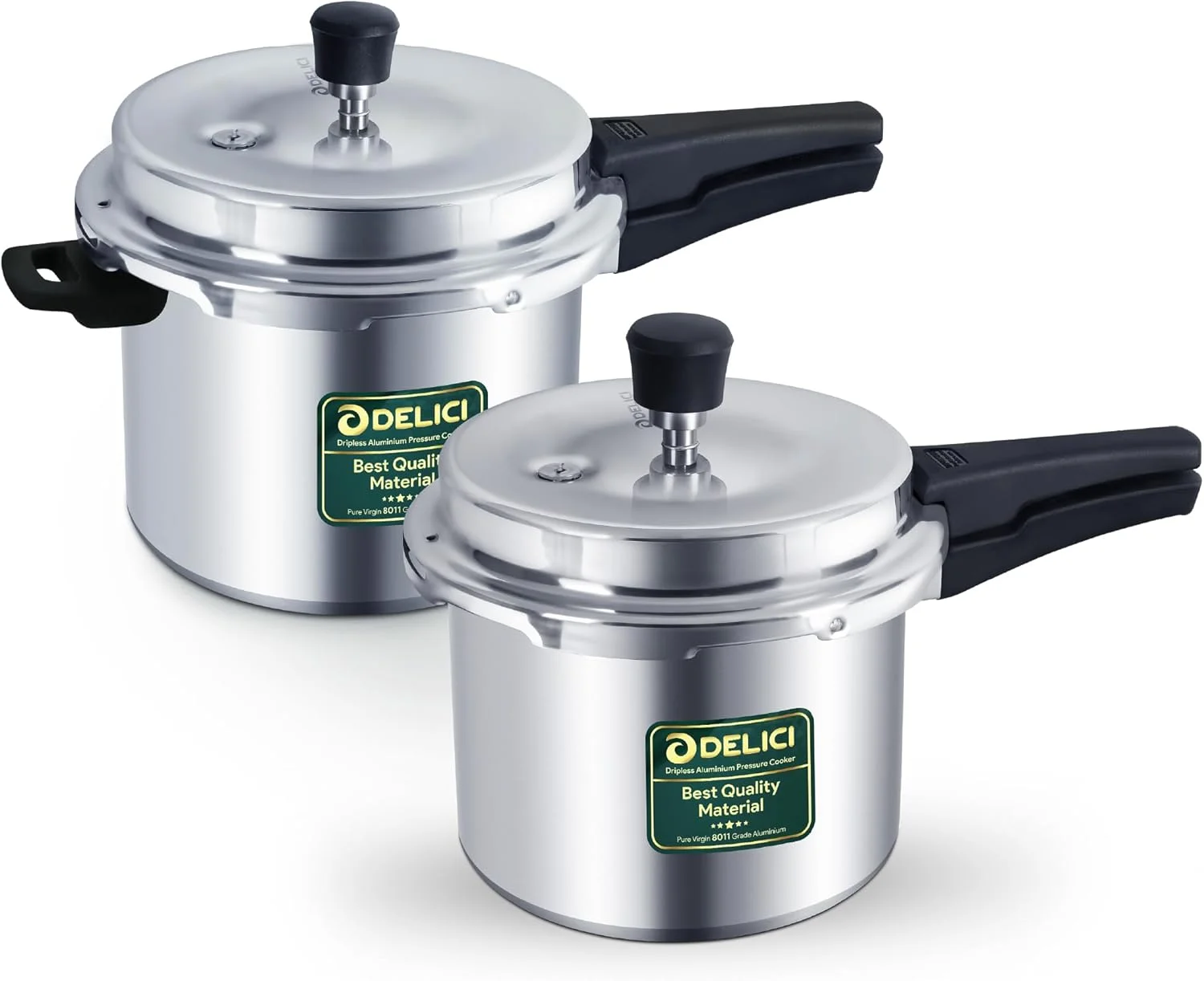 ست زودپز آلومینیومی دلیسی (۵ لیتر + ۳ لیتر)، طراحی بدون چکه با آلومینیوم درجه یک ۸۰۱۱، کنترل هوشمند سرریز، دستگیره های باکالیت ضد حرارت