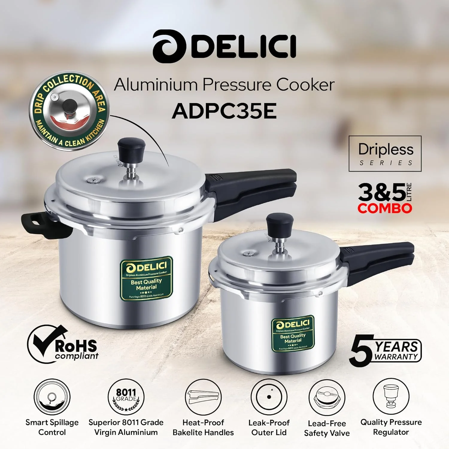 ست زودپز آلومینیومی دلیسی (۵ لیتر + ۳ لیتر)، طراحی بدون چکه با آلومینیوم درجه یک ۸۰۱۱، کنترل هوشمند سرریز، دستگیره های باکالیت ضد حرارت