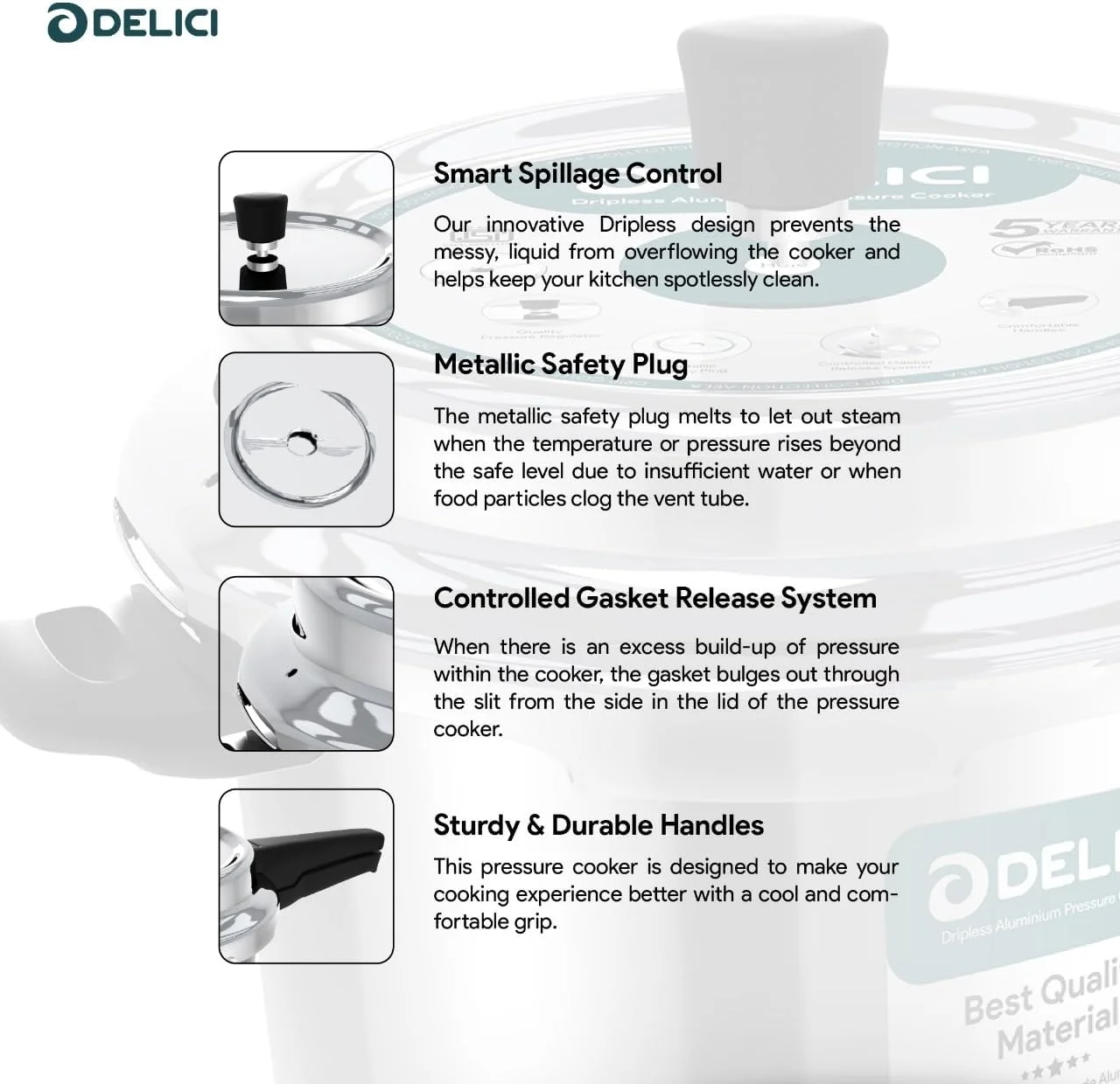 زودپز 10 لیتری بدون چکه دلیسی (ADPC10E) آلومینیوم بکر ممتاز، کنترل هوشمند سرریز، حرارت دهی حرارتی بالا، تنظیم کننده کیفیت، درب بدون نشتی، دسته مقاوم در برابر حرارت، کف ضد برآمدگی نقره ای