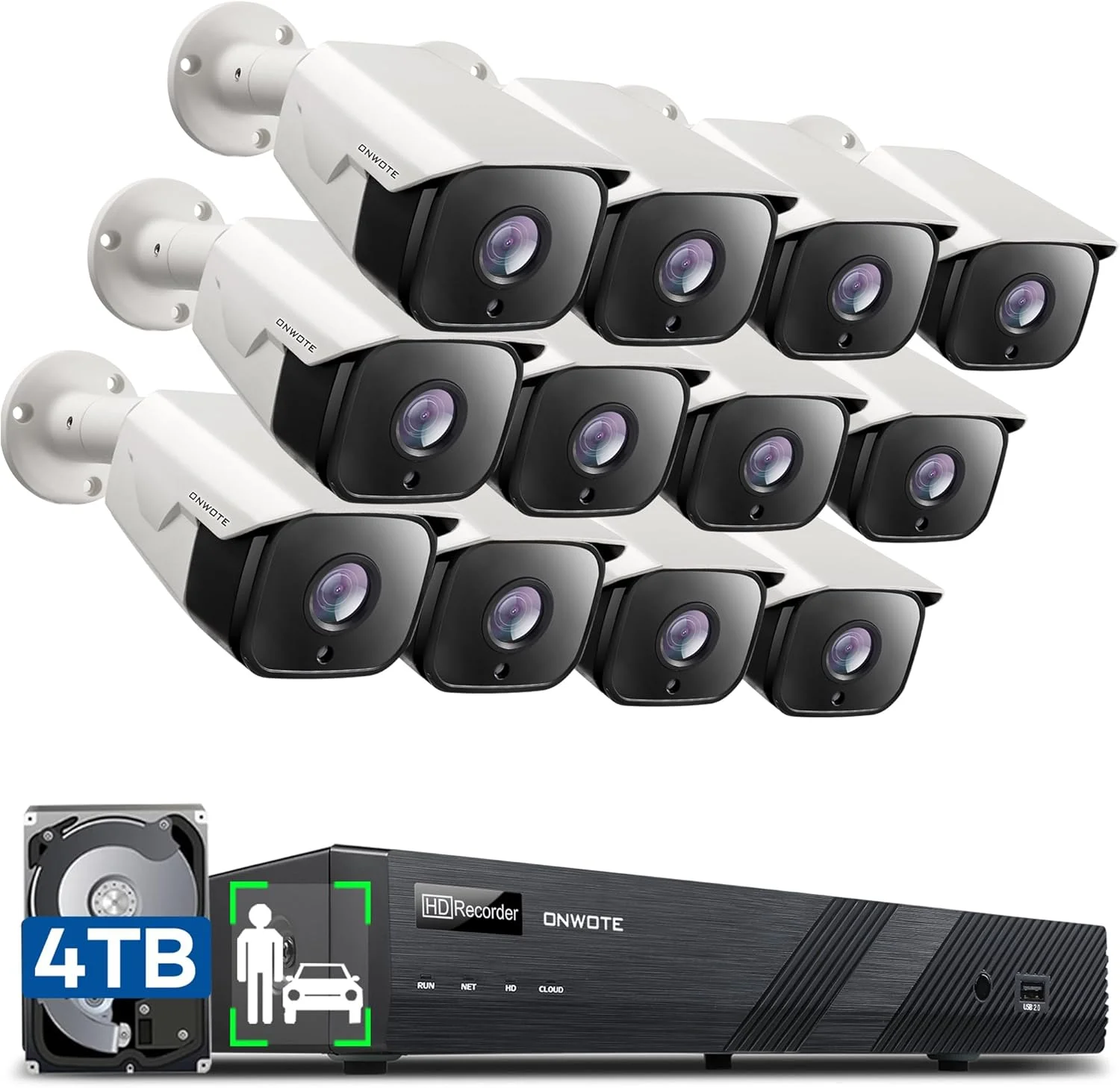 سیستم دوربین مداربسته تحت شبکه 16 کانال 4K ONWOTE با قابلیت PoE، تشخیص هوشمند انسان و وسیله نقلیه، شامل (12) دوربین بولت 6 مگاپیکسلی با زاویه دید 122 درجه مناسب فضای باز، دستگاه NVR 16 کانال 8 مگاپیکسلی با هارد 4 ترابایت، پخش همزمان 16 کانال، سیستم مداربسته تجاری برای کسب و کارها