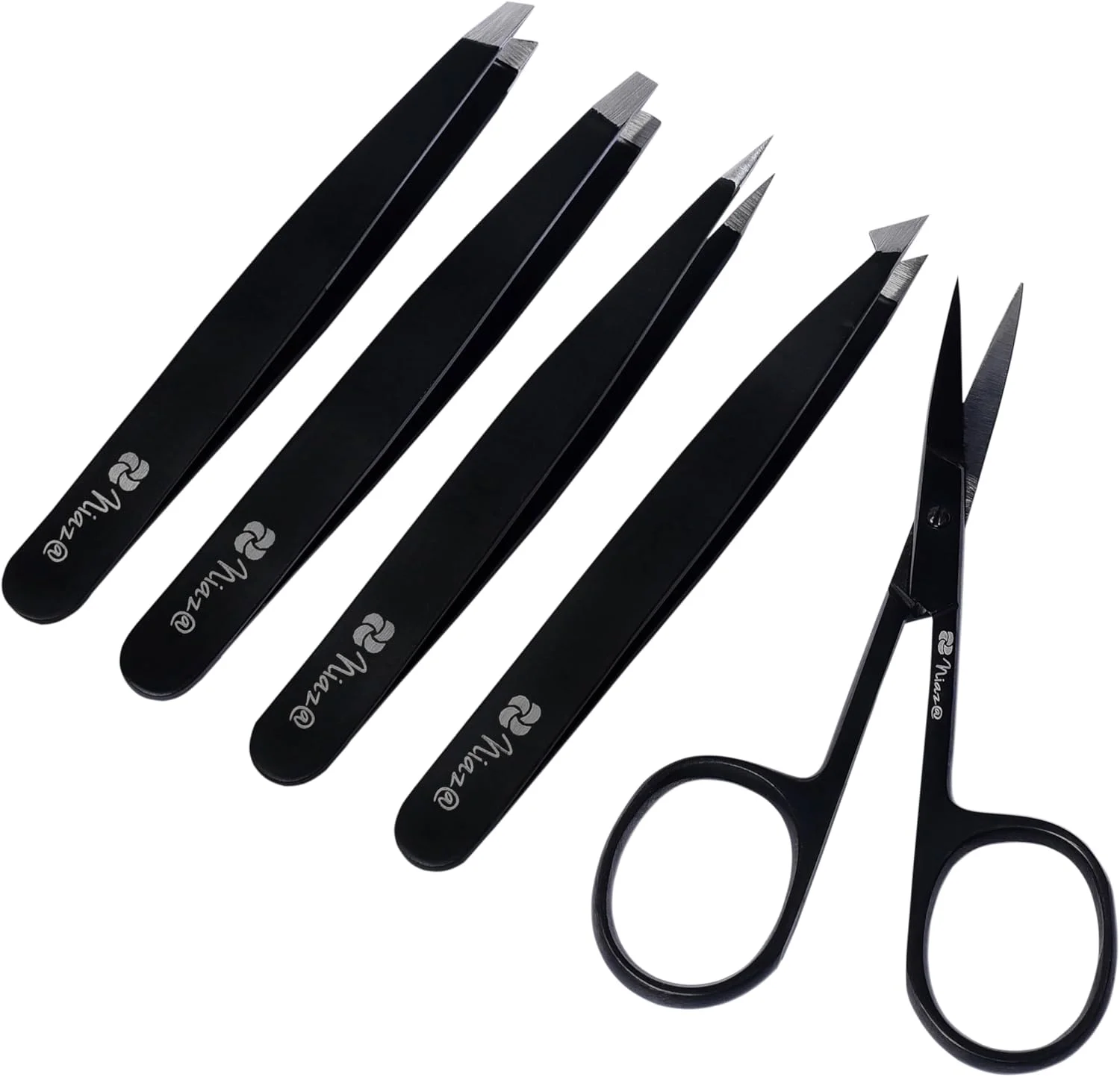 انبر موچین حرفه ای نیاز@ از جنس استیل ضد زنگ به همراه قیچی ابرو خمیده، بهترین موچین دقیق برای ابرو، از بین بردن موهای زیر پوستی و خرده ها - مجموعه 5 عددی به همراه کیف چرمی مسافرتی