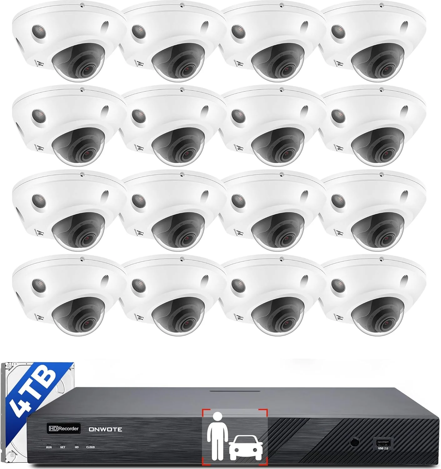 سیستم دوربین مداربسته ONWOTE 12MP NVR با 16 کانال، شامل 16 دوربین تحت شبکه 4K 8MP ضد خرابکاری با قابلیت ضبط صدا و PoE، دید در شب رنگی هوشمند، NVR تجاری 16 کاناله با ظرفیت 4 ترابایت، 16 عدد کابل (در مجموع 1280 فوت)، سیستم مداربسته سیمی مناسب فضای باز برای کسب و کارها
