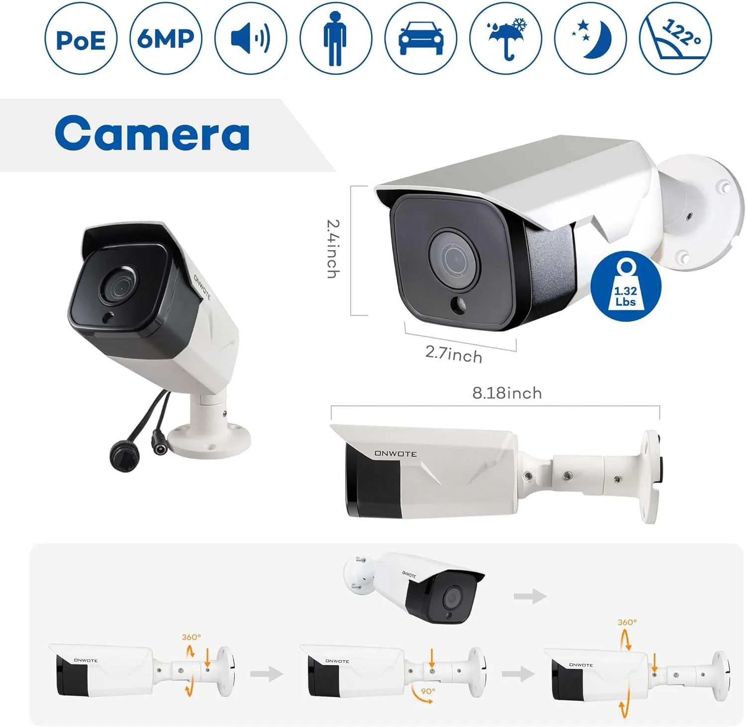 دوربین امنیتی تحت شبکه 6 مگاپیکسلی سوپر اچ دی PoE اونوت با صدا، تشخیص هوشمند انسان و وسیله نقلیه، 3072x2048 6 مگاپیکسل، زاویه دید 122 درجه، دوربین سیمی تجاری داخلی/خارجی برای کسب و کار، افزودنی به سیستم PoE NVR