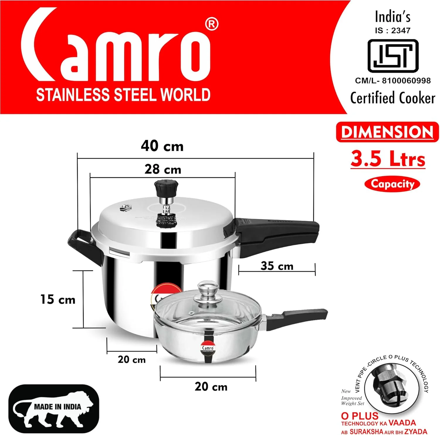 زودپز استیل پروانه ای 3.5 لیتری کمرو، ست ترکیبی زودپز استیل درب بیرونی، تابه زودپز کوچک درب مشترک (ست 2 عدد درب شیشه ای رایگان) | قابل شستشو در ماشین ظرفشویی | بیش از 15 سال نوآوری و کیفیت