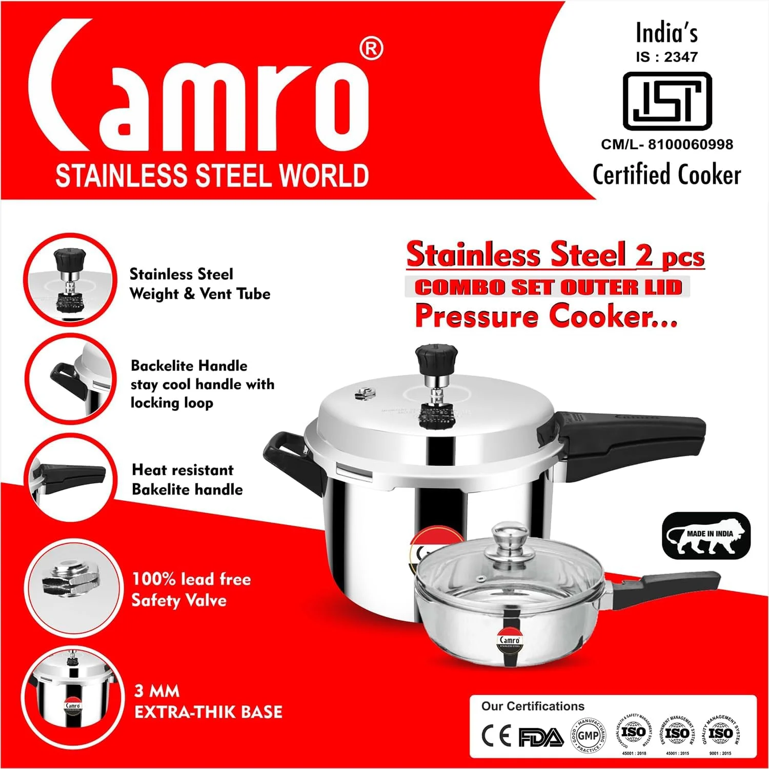 زودپز استیل پروانه ای 3.5 لیتری کمرو، ست ترکیبی زودپز استیل درب بیرونی، تابه زودپز کوچک درب مشترک (ست 2 عدد درب شیشه ای رایگان) | قابل شستشو در ماشین ظرفشویی | بیش از 15 سال نوآوری و کیفیت