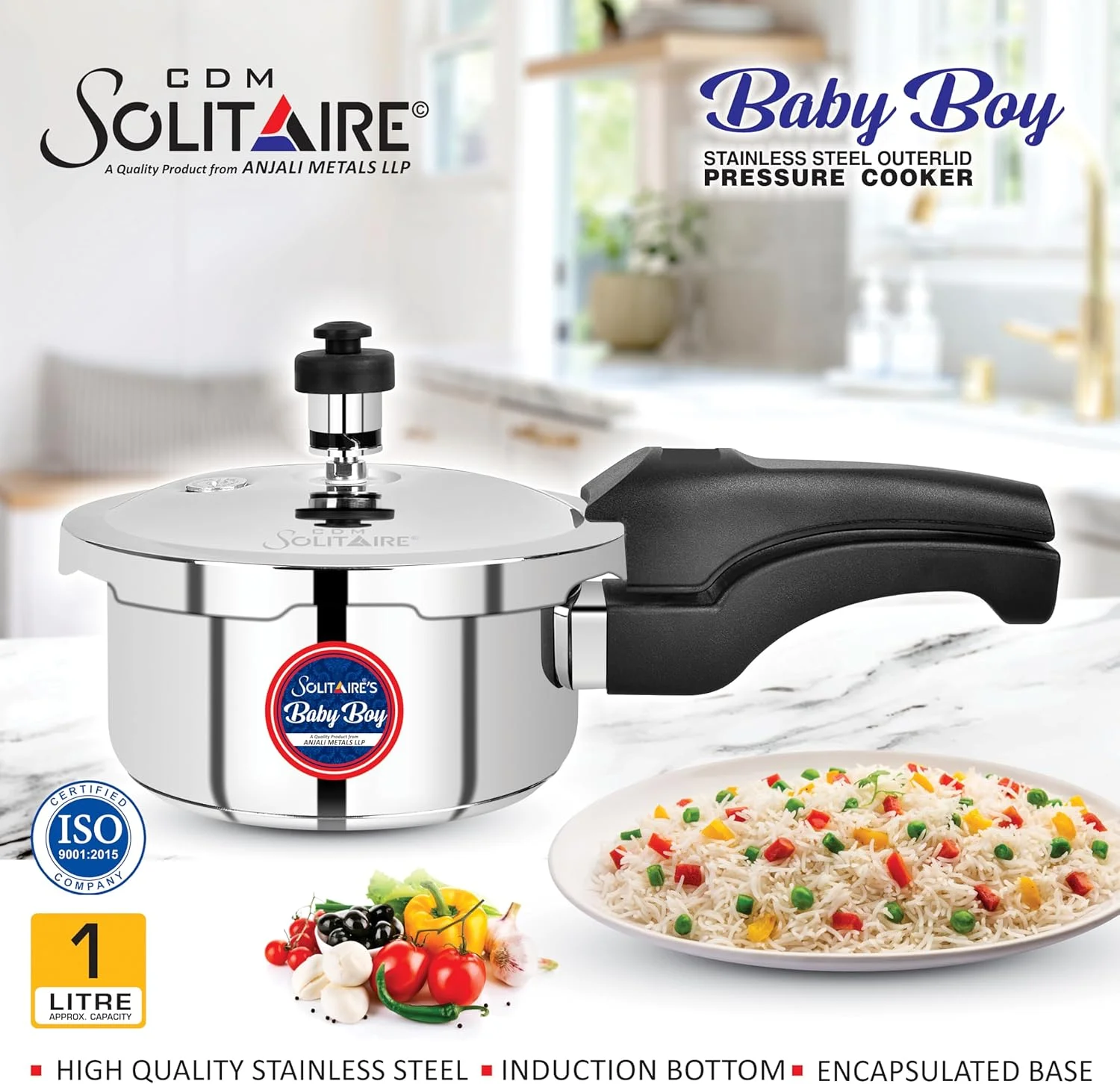 زودپز استیل کوچک درب بیرونی کودک CDM Solitaire، 1 لیتر، مناسب برای اجاق گاز و القایی، ایده آل برای 1-2 نفر، دارای گواهی ISI