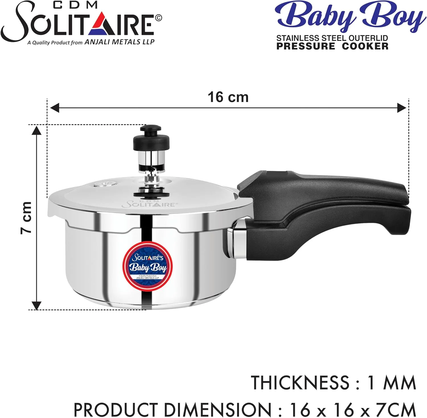 زودپز استیل کوچک درب بیرونی کودک CDM Solitaire، 1 لیتر، مناسب برای اجاق گاز و القایی، ایده آل برای 1-2 نفر، دارای گواهی ISI
