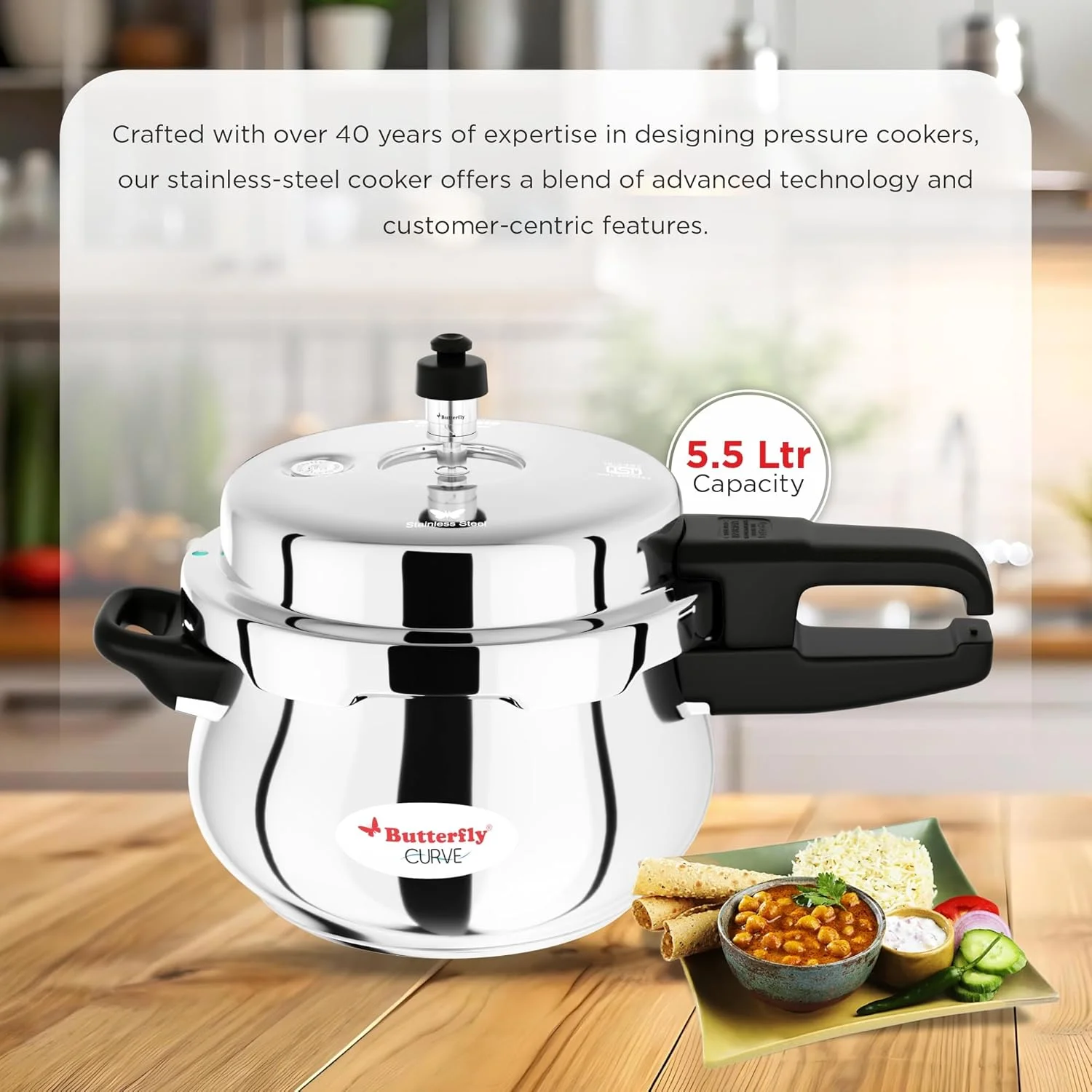 زودپز منحنی 5.5 لیتری استیل پروانه ای، بزرگ، نقره ای