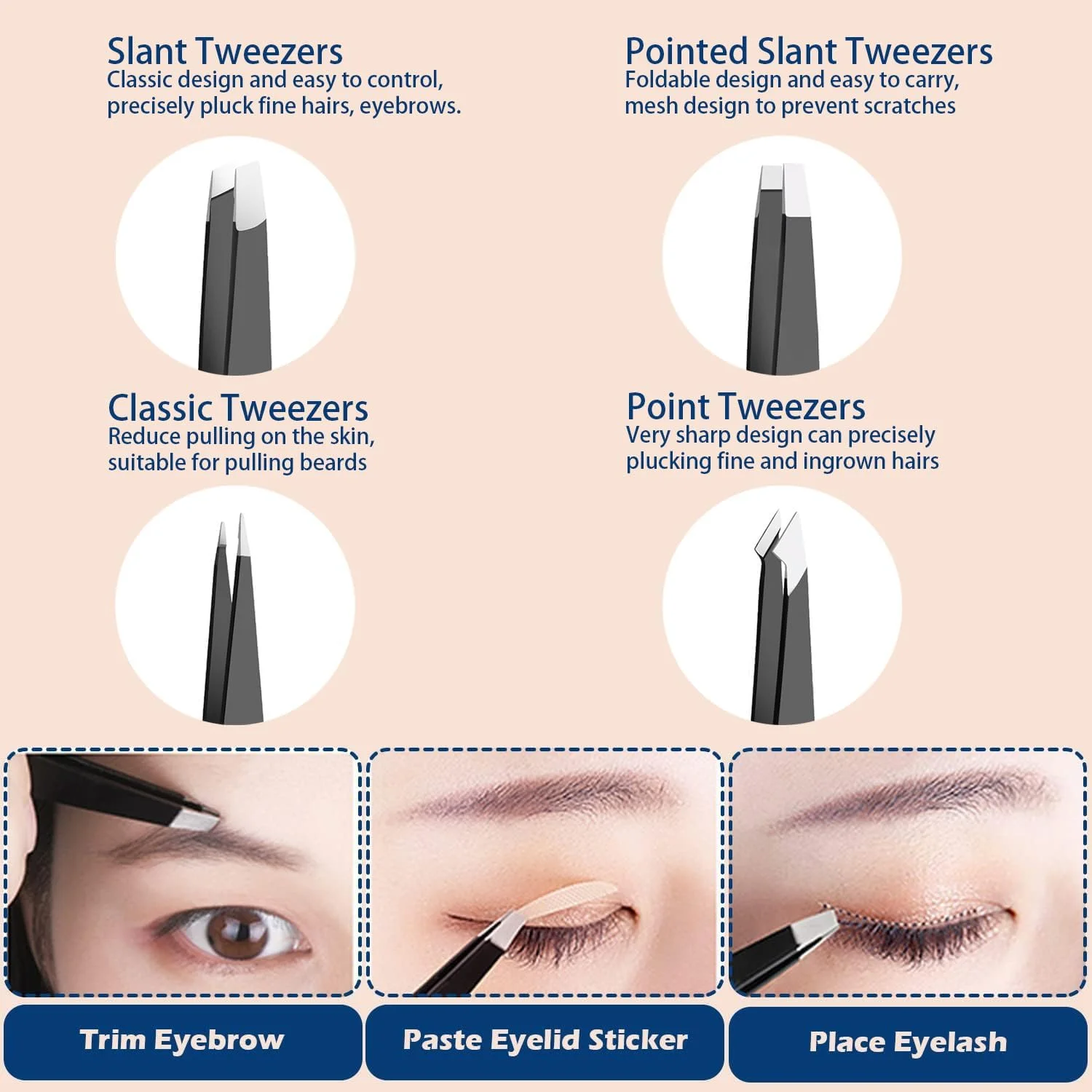 ست موچین YilulvDeng برای آقایان و بانوان، موچین های دقیق برای موهای صورت، ابرو و چانه، ست 4 عددی موچین استیل ضد زنگ (مشکی).