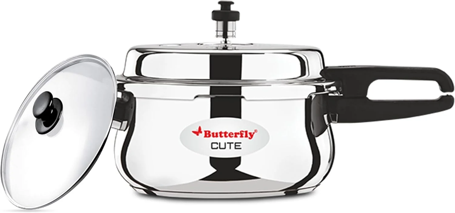 زودپز استیل پروانه مدل Cute Ss با درب بیرونی سازگار با اجاق القایی به همراه درب شیشه ای، 2 لیتر، نقره ای