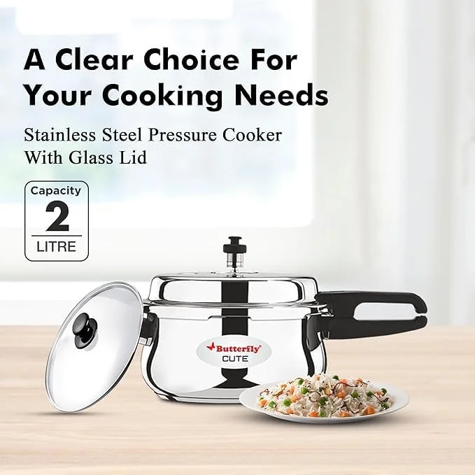 زودپز استیل پروانه مدل Cute Ss با درب بیرونی سازگار با اجاق القایی به همراه درب شیشه ای، 2 لیتر، نقره ای