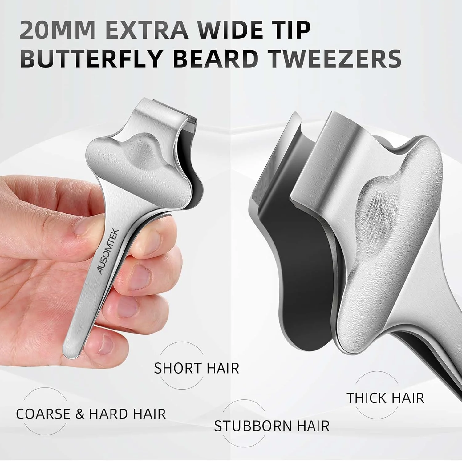 موچین ریش پروانه‌ای AUSOMTEK، موچین موکن، موچین حذف موهای ظریف، ابزار ابرو، استیل ضد زنگ، نوک پهن 20 میلی‌متری، شیار ضد لغزش، کیف چرمی PU قهوه‌ای، 1 عدد