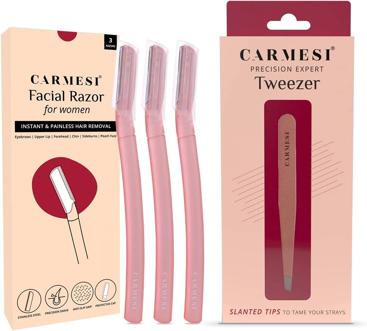 مجموعه تیغ صورت کارمزی (بسته 3 عددی) و موچین (بسته 1 عددی) | ابروها، لب بالا، چانه، موهای کرکی | بدون بریدگی یا تحریک | مناسب مسافرت | تیغه های استیل ضد زنگ مجموعه تیغ صورت کارمزی (بسته 3 عددی) و موچین (بسته 1 عددی) | ابروها، لب بالا، چانه، موهای کرکی | بدون بریدگی یا تحریک | مناسب مسافرت | تیغه های استیل ضد زنگ