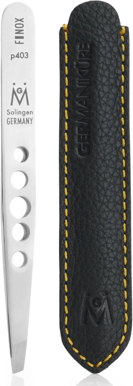 موچین اریب GERmanikure در چرم، موچین ابرو نوک اریب فولاد ضد زنگ جراحی FINOX. موچین موی ظریف آلمانی، سولینگن