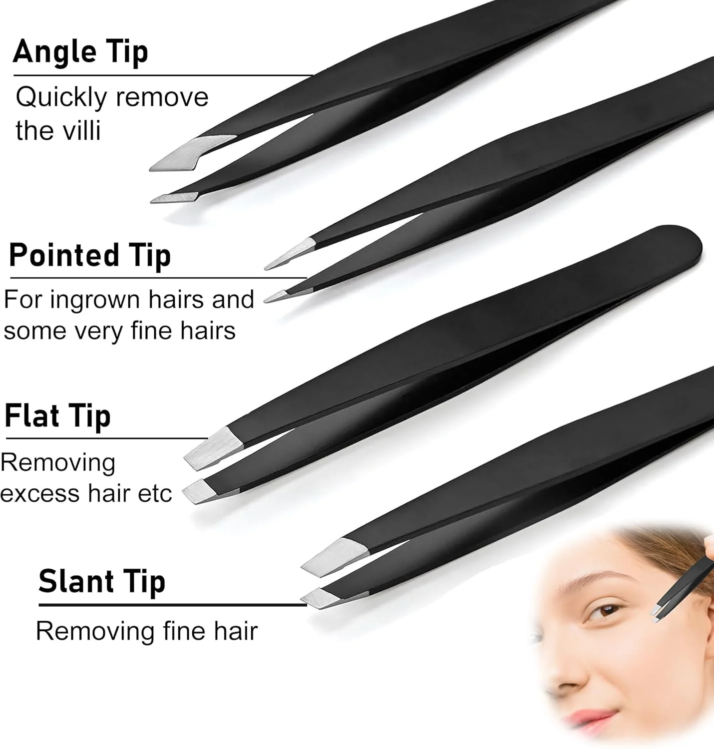 4Pcs Professional Tweezers for Facial Hair, Stainless Steel Precision Tweezers and Pointed Tip Hair Tweezers Set for Ingrown Hair, Black Color Coated Eyebrow Tweezers for Women & Men 4Pcs Professional Tweezers for Facial Hair, Stainless Steel Precision Tweezers and Pointed Tip Hair Tweezers Set for Ingrown Hair, Black Color Coated Eyebrow Tweezers for Women & Men