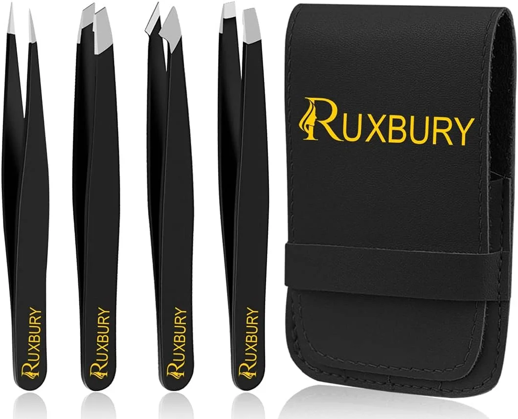 ست موچین روکسبری 4 عددی برای موهای صورت زنان و مردان، موچینهای دقیق با روکش مشکی استیل ضد زنگ حرفهای، موچین ابرو با نوک مورب و نوک تیز برای موهای زیرپوستی به همراه کیف چرمی ست موچین روکسبری 4 عددی برای موهای صورت زنان و مردان، موچینهای دقیق با روکش مشکی استیل ضد زنگ حرفهای، موچین ابرو با نوک مورب و نوک تیز برای موهای زیرپوستی به همراه کیف چرمی