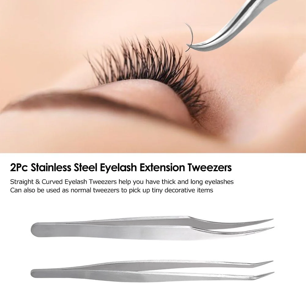 Pepisky 2Pc Stainless Steel Eyelash Extension Tweezers Straight Curved Tip Eyelash Tweezers for Eyelash Extension Applications With Storage Box Pepisky 2Pc Stainless Steel Eyelash Extension Tweezers Straight Curved Tip Eyelash Tweezers for Eyelash Extension Applications With Storage Box