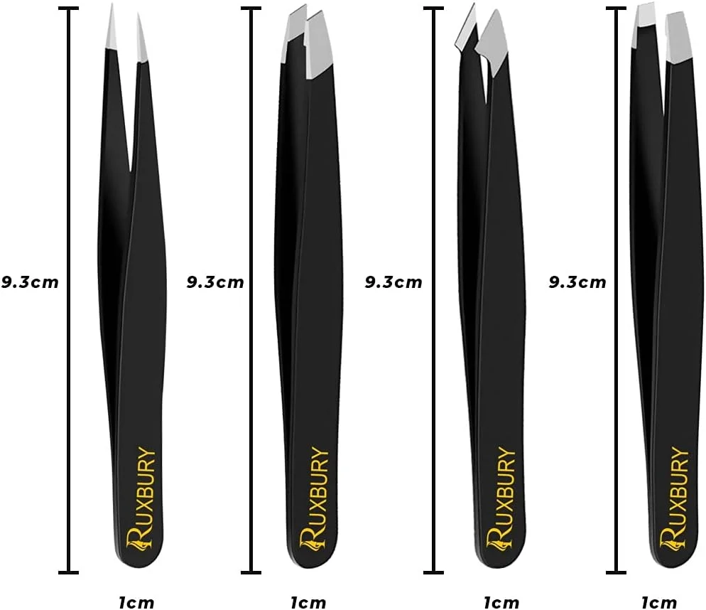 ست موچین روکس‌بری 4 عددی برای موهای صورت زنان و مردان، موچین‌های دقیق با روکش مشکی استیل ضد زنگ حرفه‌ای، موچین ابرو با نوک مورب و نوک تیز برای موهای زیرپوستی به همراه کیف چرمی