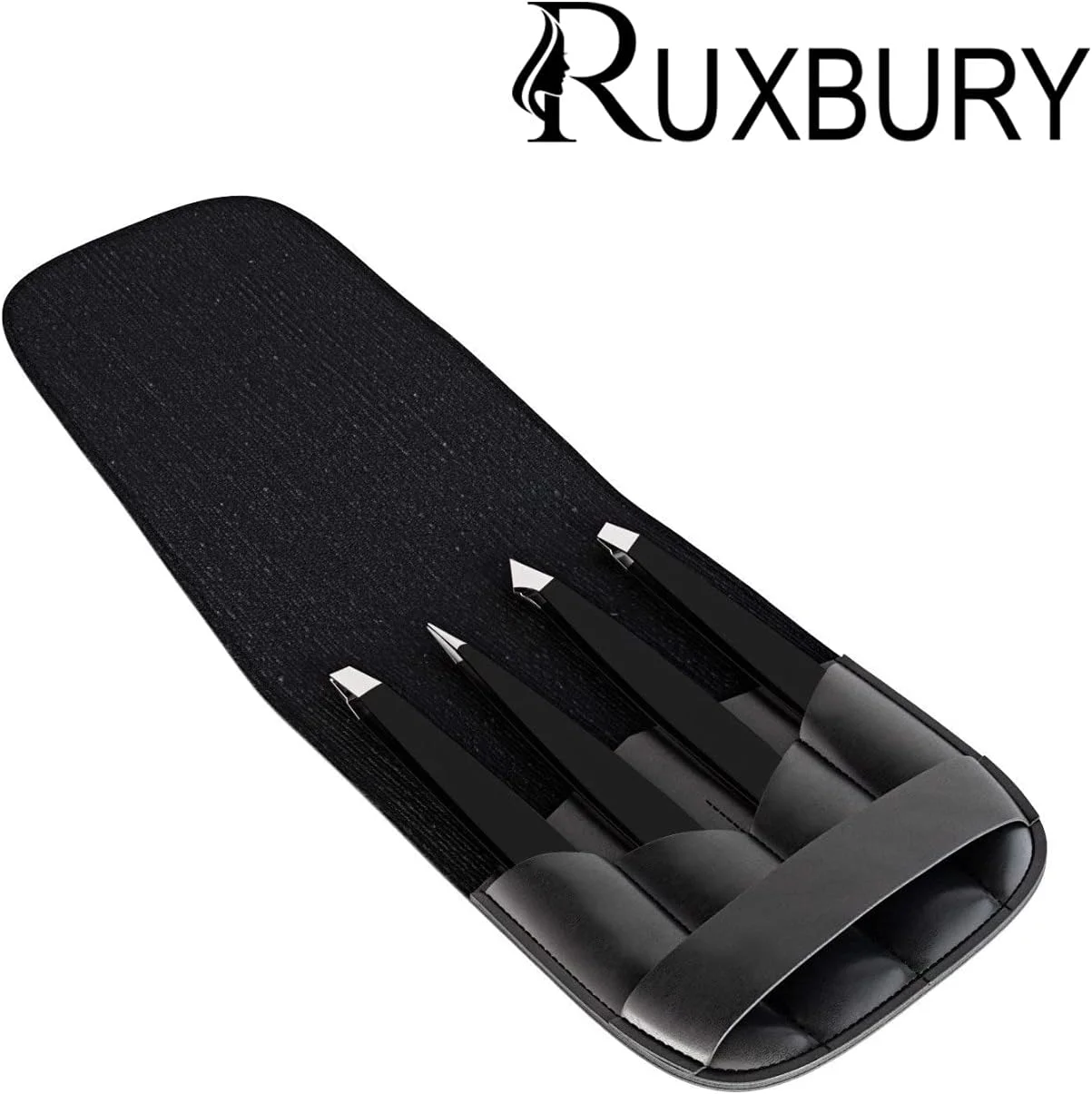 ست موچین روکس‌بری 4 عددی برای موهای صورت زنان و مردان، موچین‌های دقیق با روکش مشکی استیل ضد زنگ حرفه‌ای، موچین ابرو با نوک مورب و نوک تیز برای موهای زیرپوستی به همراه کیف چرمی