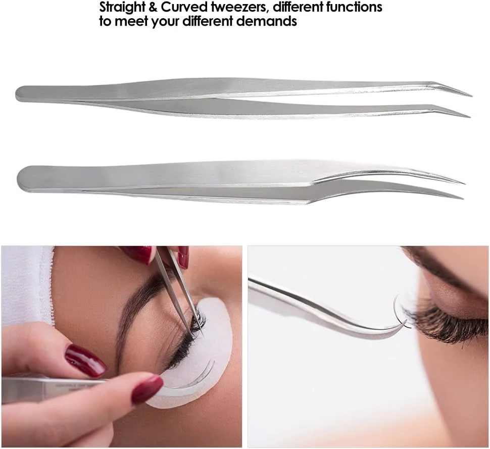 Pepisky 2Pc Stainless Steel Eyelash Extension Tweezers Straight Curved Tip Eyelash Tweezers for Eyelash Extension Applications With Storage Box Pepisky 2Pc Stainless Steel Eyelash Extension Tweezers Straight Curved Tip Eyelash Tweezers for Eyelash Extension Applications With Storage Box