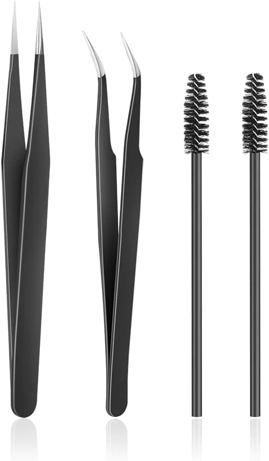 ست موچین اکستنشن مژه استیل ضد زنگ KLDKUST (نوک صاف و خمیده) و برس مژه (4 عدد، مشکی) برای استفاده در اکستنشن مژه ست موچین اکستنشن مژه استیل ضد زنگ KLDKUST (نوک صاف و خمیده) و برس مژه (4 عدد، مشکی) برای استفاده در اکستنشن مژه