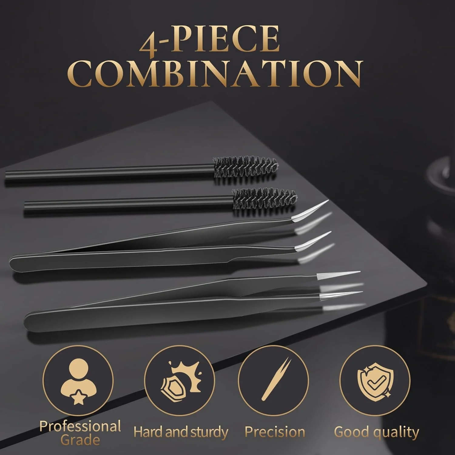 ست موچین اکستنشن مژه استیل ضد زنگ KLDKUST (نوک صاف و خمیده) و برس مژه (4 عدد، مشکی) برای استفاده در اکستنشن مژه ست موچین اکستنشن مژه استیل ضد زنگ KLDKUST (نوک صاف و خمیده) و برس مژه (4 عدد، مشکی) برای استفاده در اکستنشن مژه