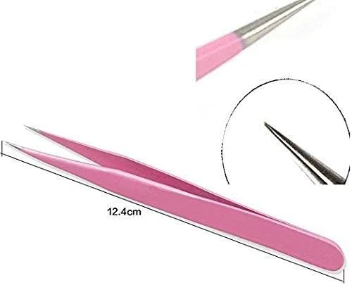 انبر موچین استیل ضد زنگ صورتی Onwon، 2 عددی، برای اکستنشن مژه، موچین نوک صاف و خمیده، ابزار کاربرد مژه مصنوعی